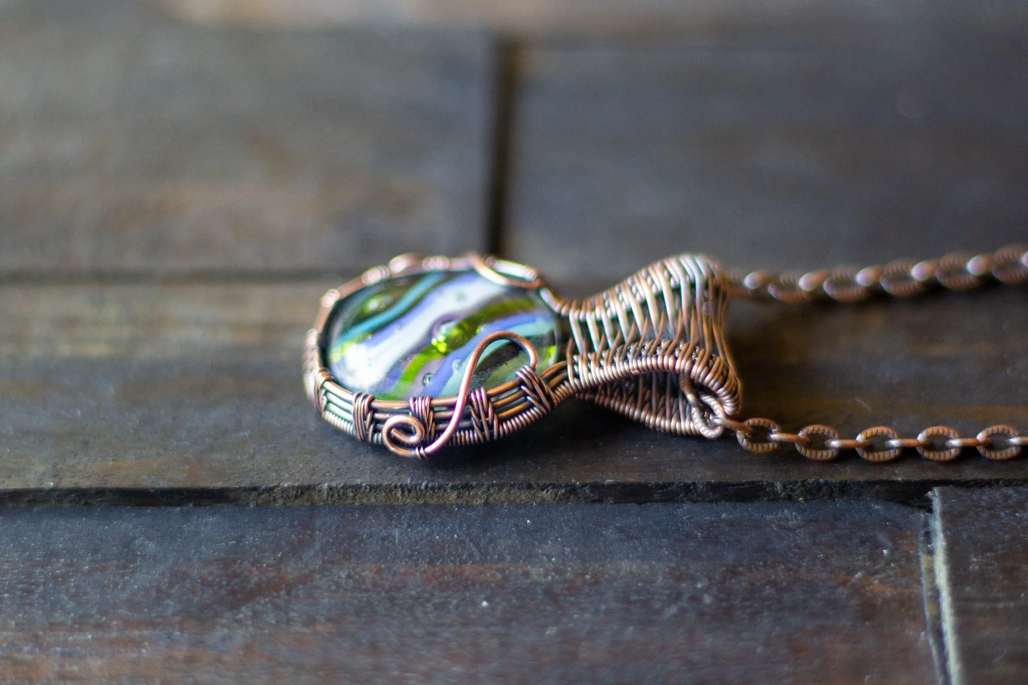 Striped Blue and Green Fused Glass Pendant with Copper Wire Wrapping
