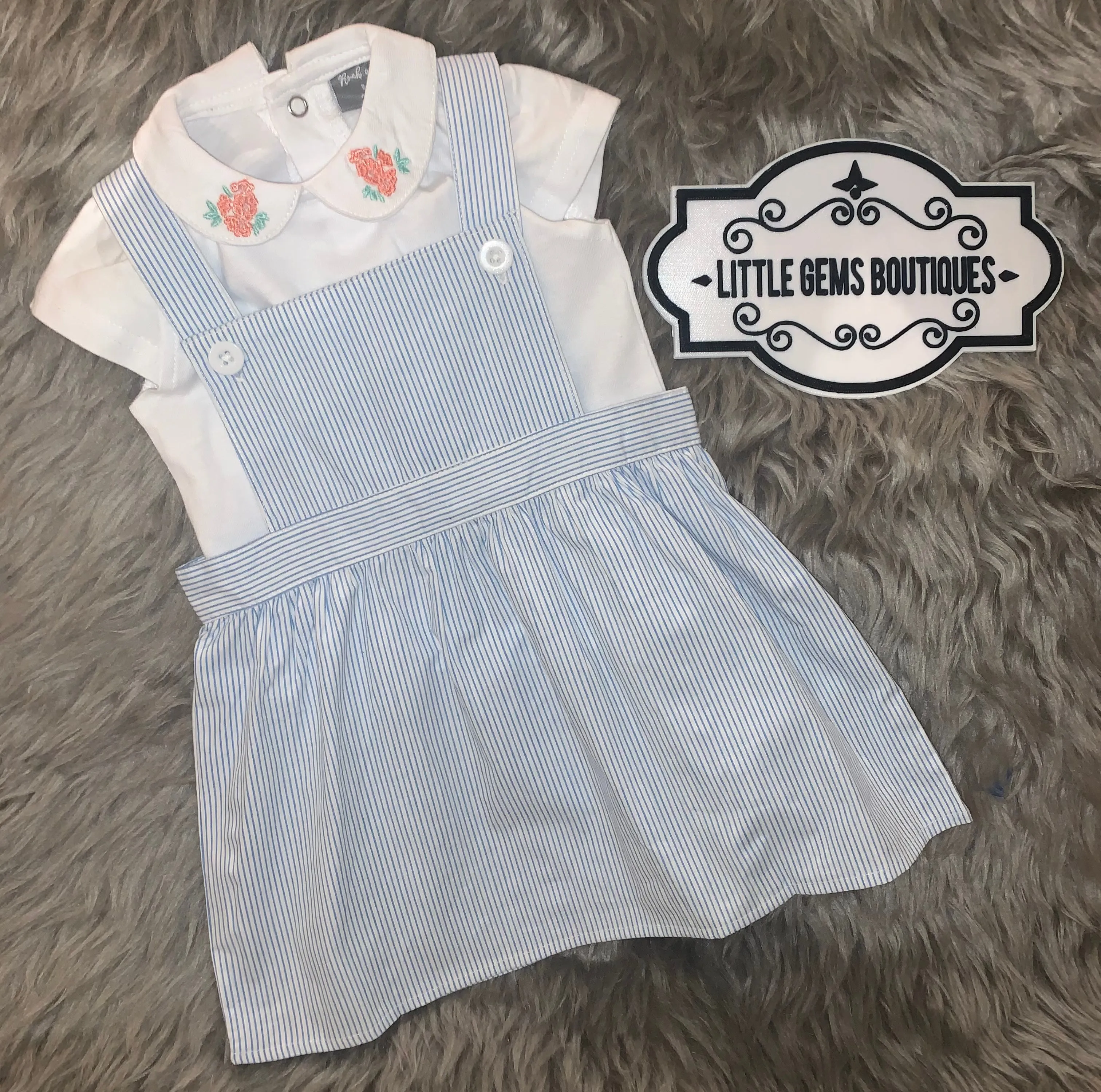 Striped Pinafore Dress and Embroidered T-Shirt Set
