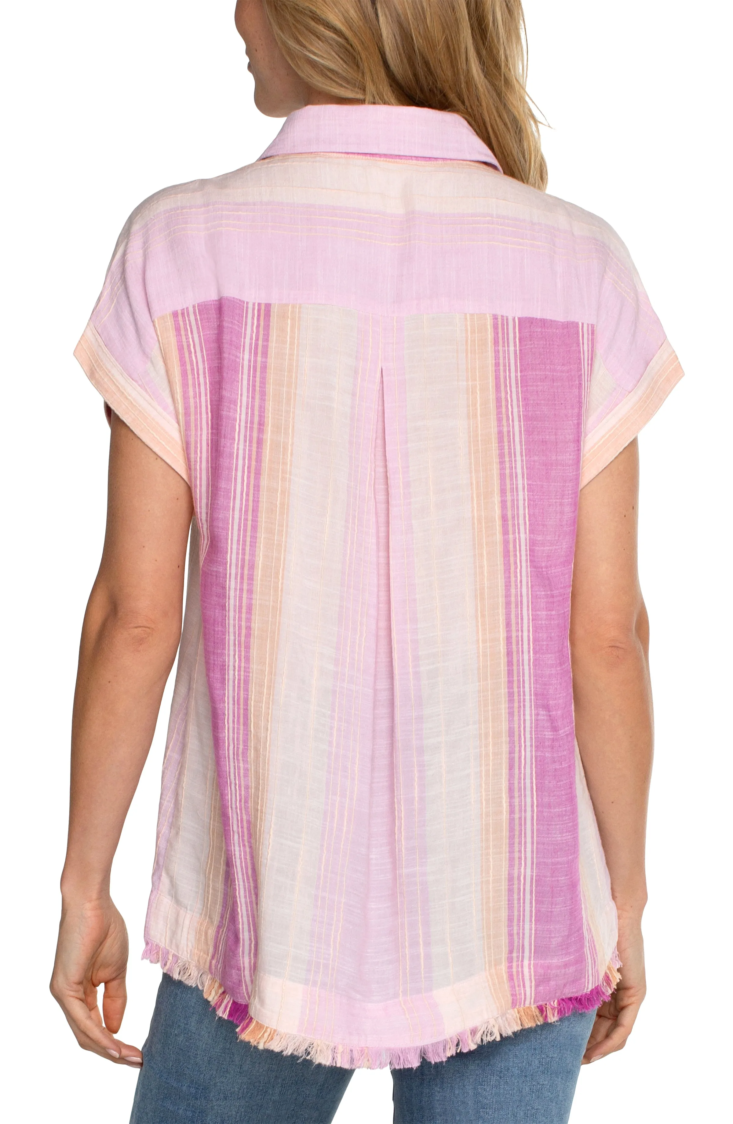 Striped Short Dolman Slv Collared Button Down Camp Shirt w Fray Hem