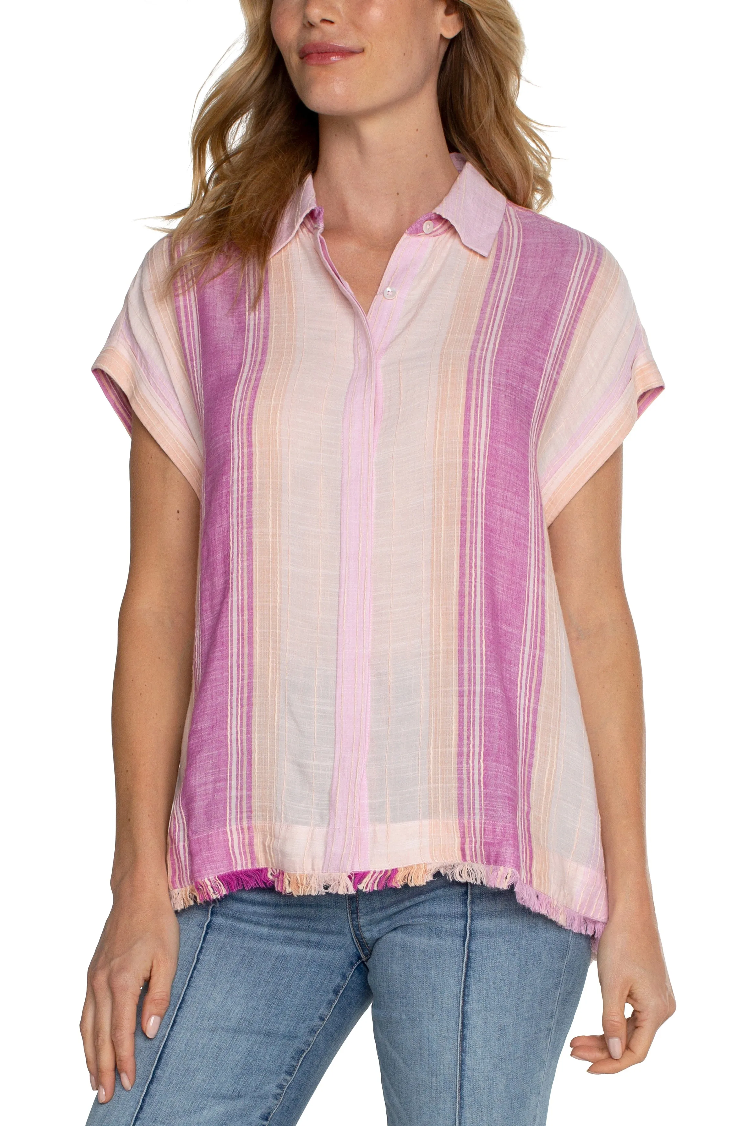 Striped Short Dolman Slv Collared Button Down Camp Shirt w Fray Hem
