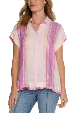 Striped Short Dolman Slv Collared Button Down Camp Shirt w Fray Hem