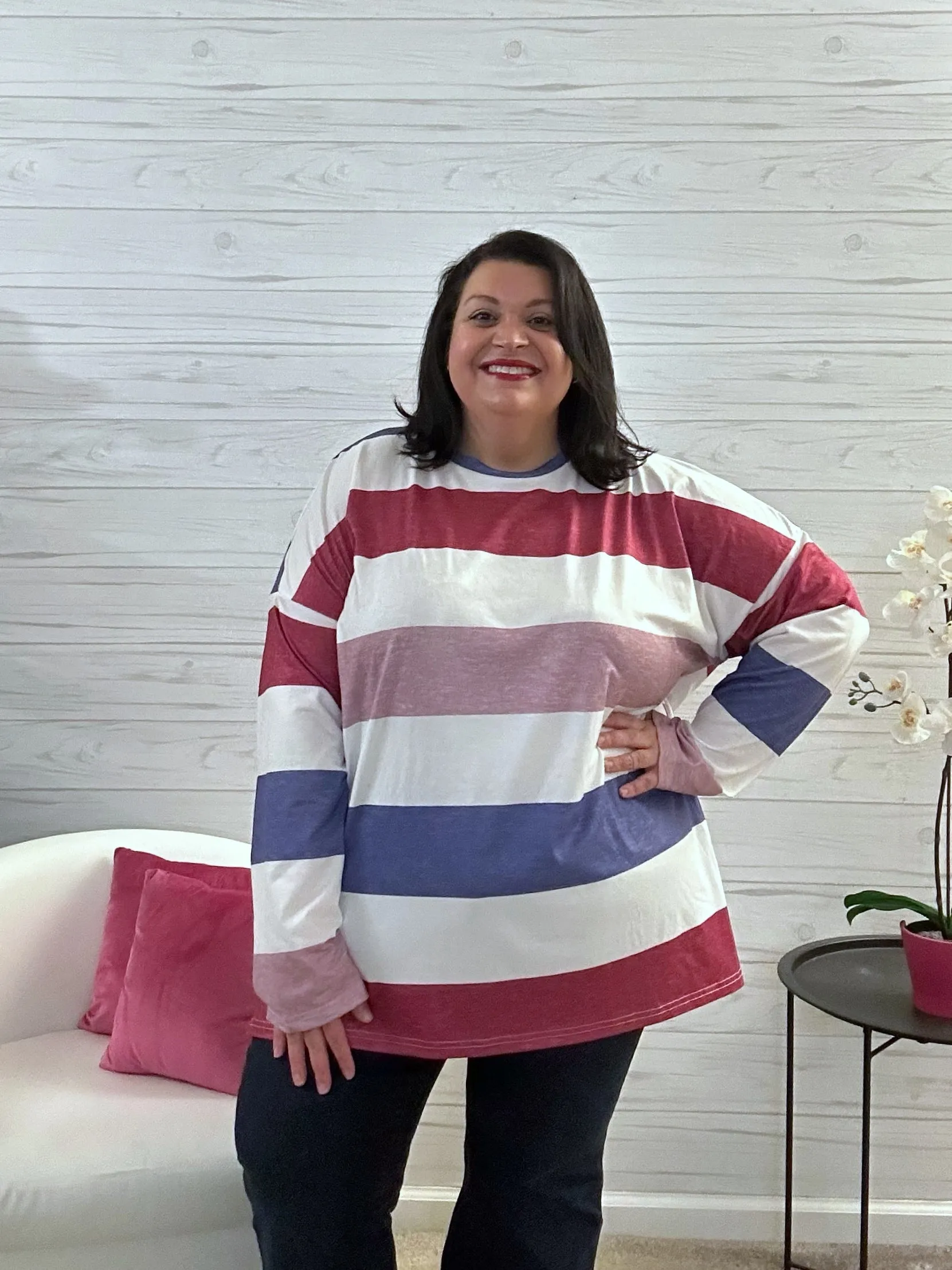 Striped Slit Long Sleeve T-Shirt