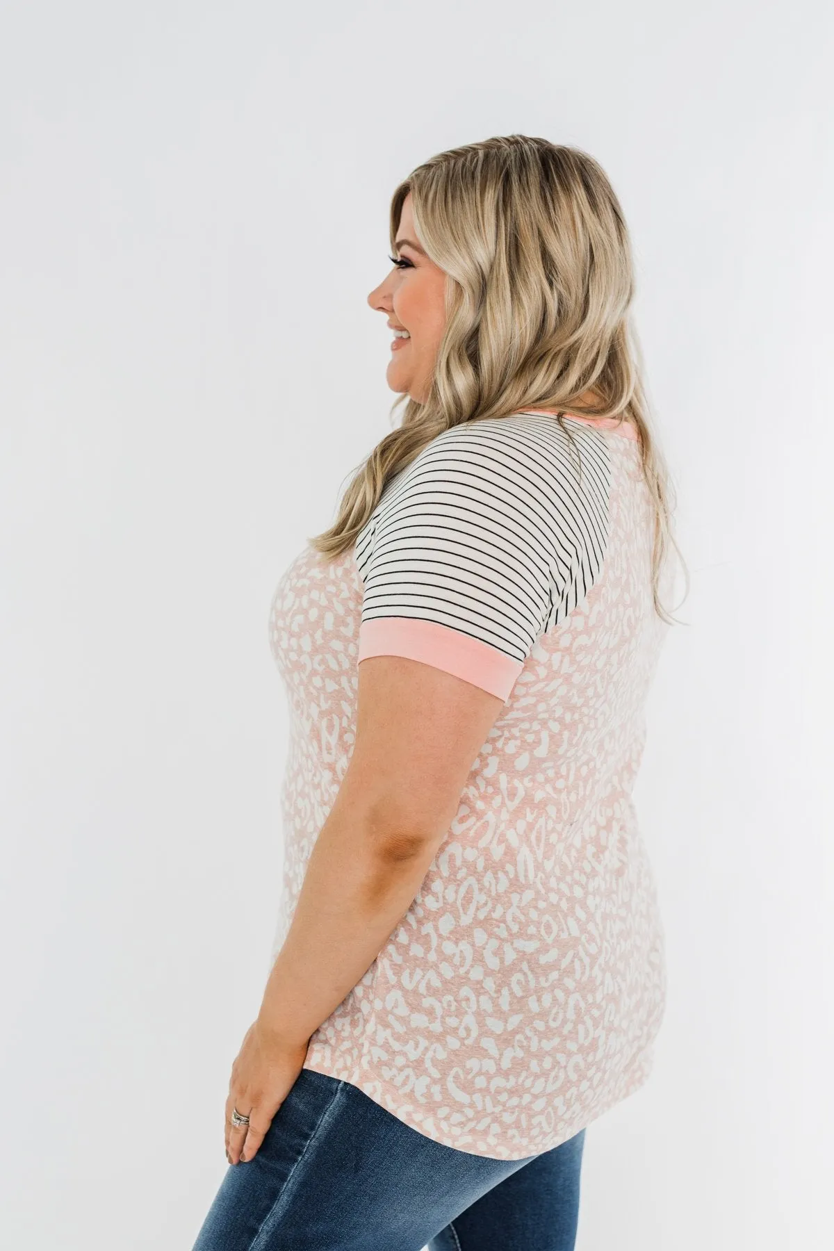 Stripes & Animal Print Color Block Raglan Top- Blush