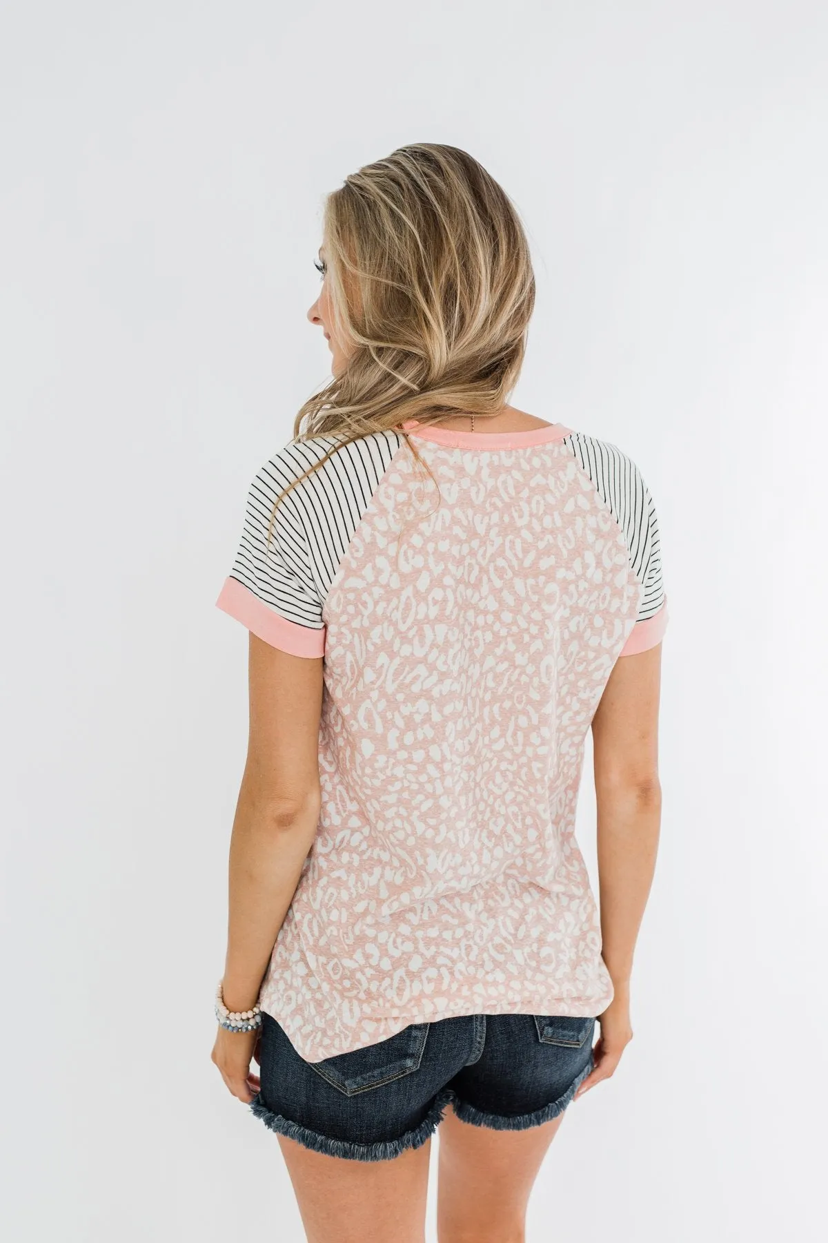 Stripes & Animal Print Color Block Raglan Top- Blush