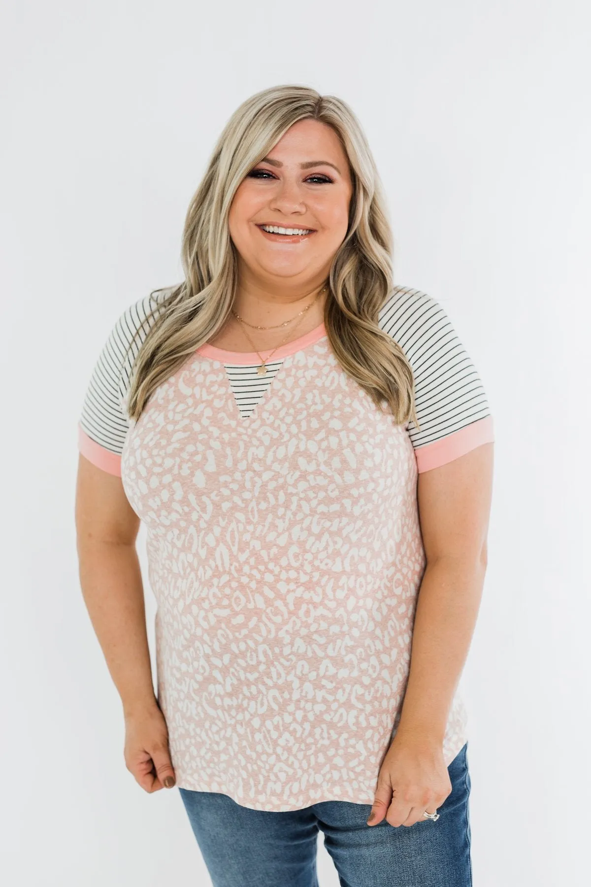 Stripes & Animal Print Color Block Raglan Top- Blush