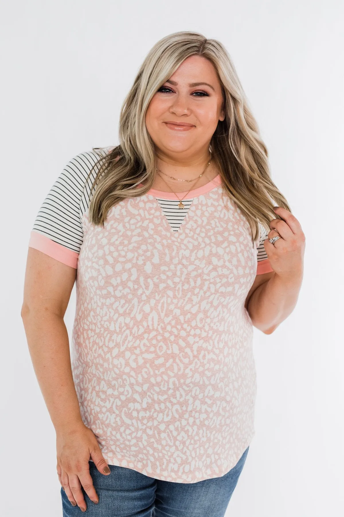 Stripes & Animal Print Color Block Raglan Top- Blush