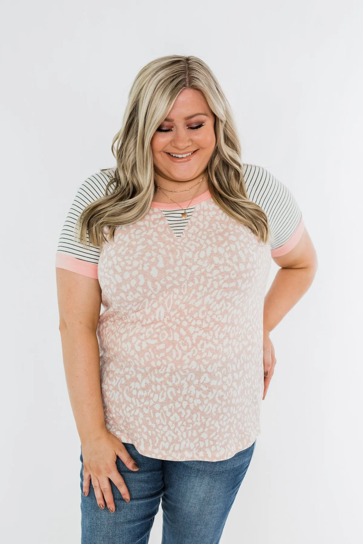 Stripes & Animal Print Color Block Raglan Top- Blush