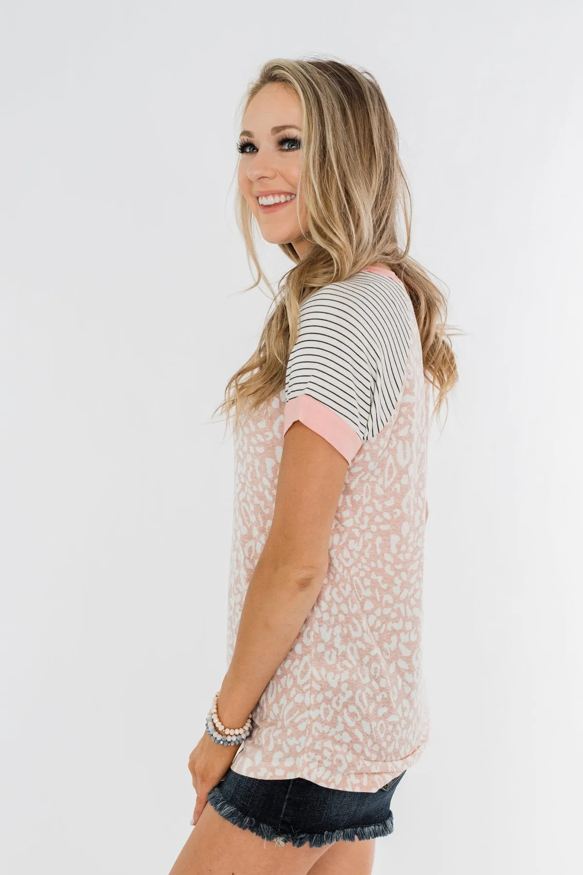 Stripes & Animal Print Color Block Raglan Top- Blush