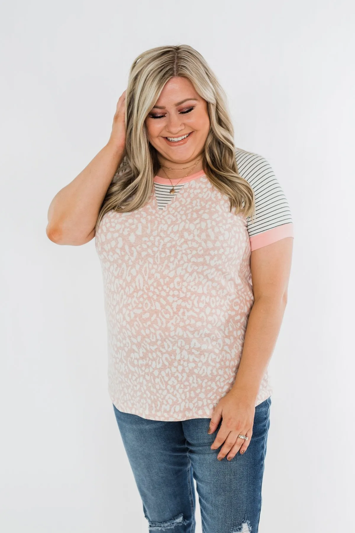 Stripes & Animal Print Color Block Raglan Top- Blush