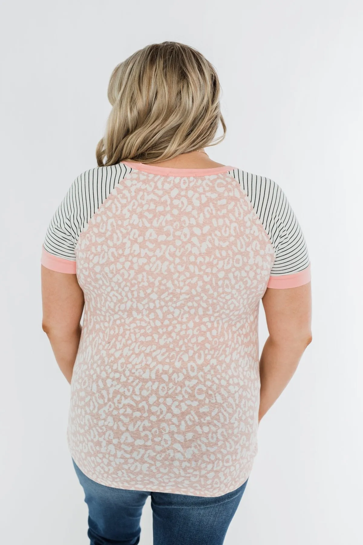 Stripes & Animal Print Color Block Raglan Top- Blush