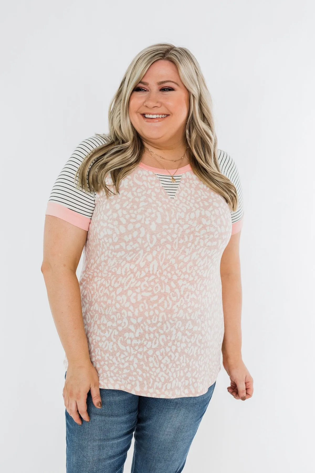 Stripes & Animal Print Color Block Raglan Top- Blush