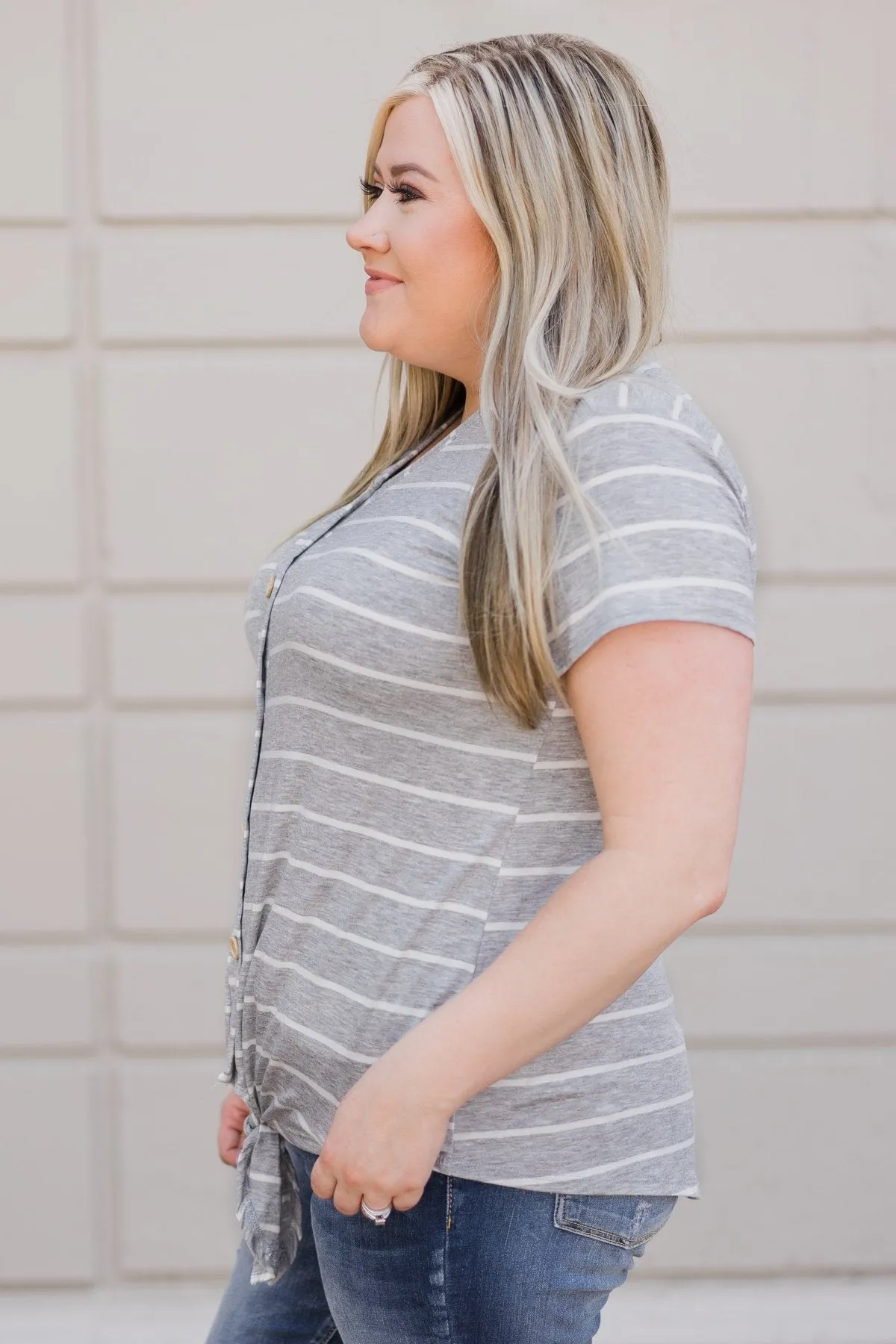Stunning in Stripes Tie Top- Grey