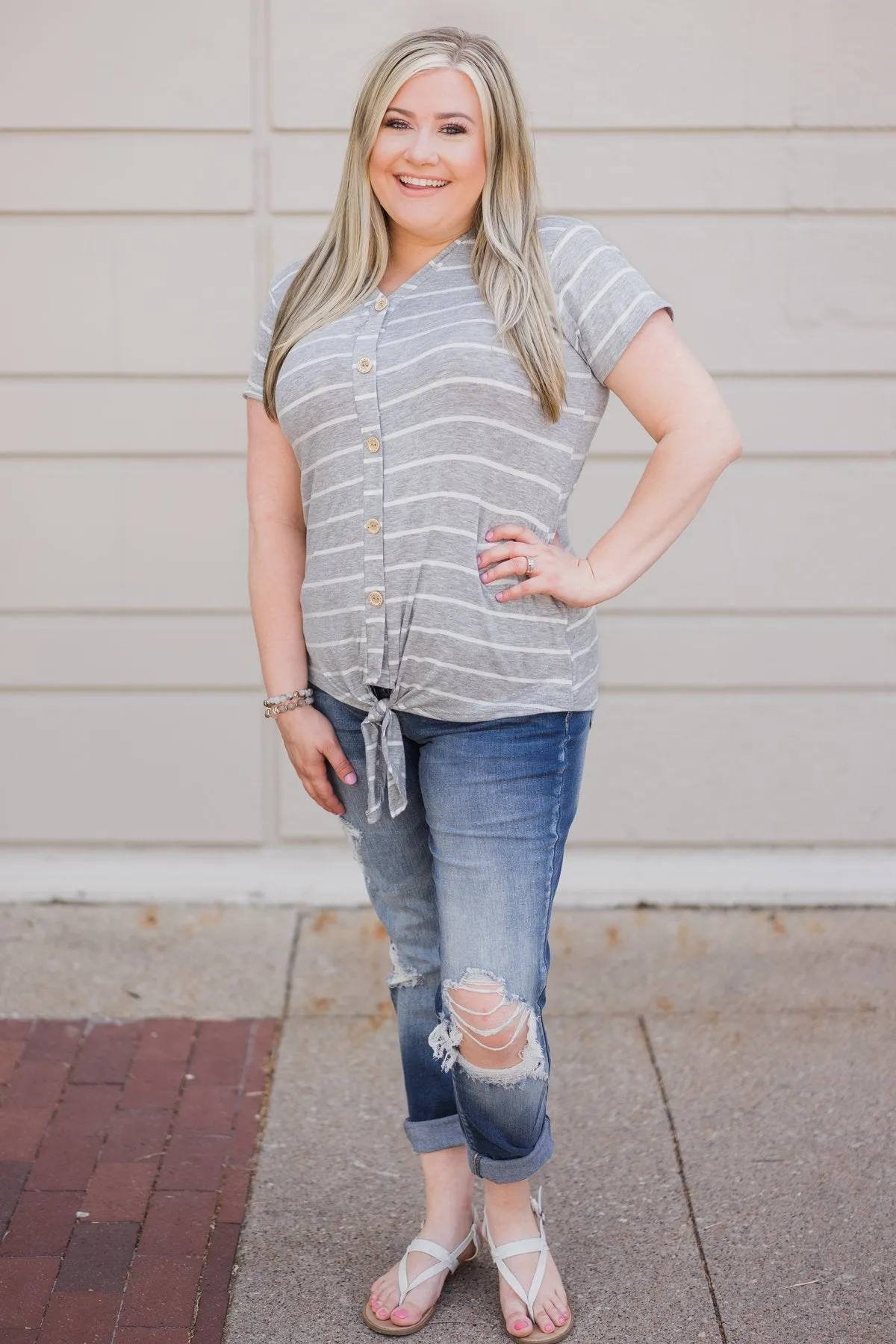 Stunning in Stripes Tie Top- Grey