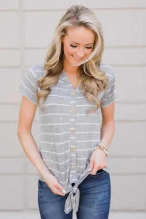 Stunning in Stripes Tie Top- Grey