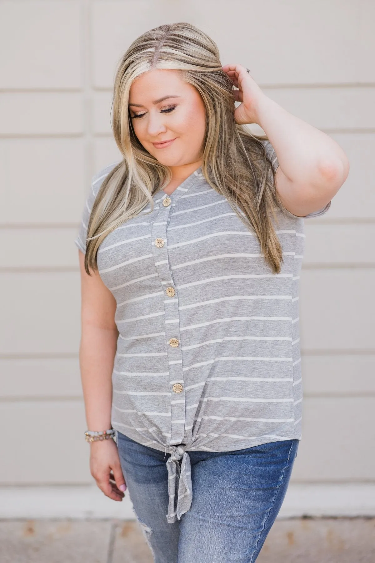 Stunning in Stripes Tie Top- Grey