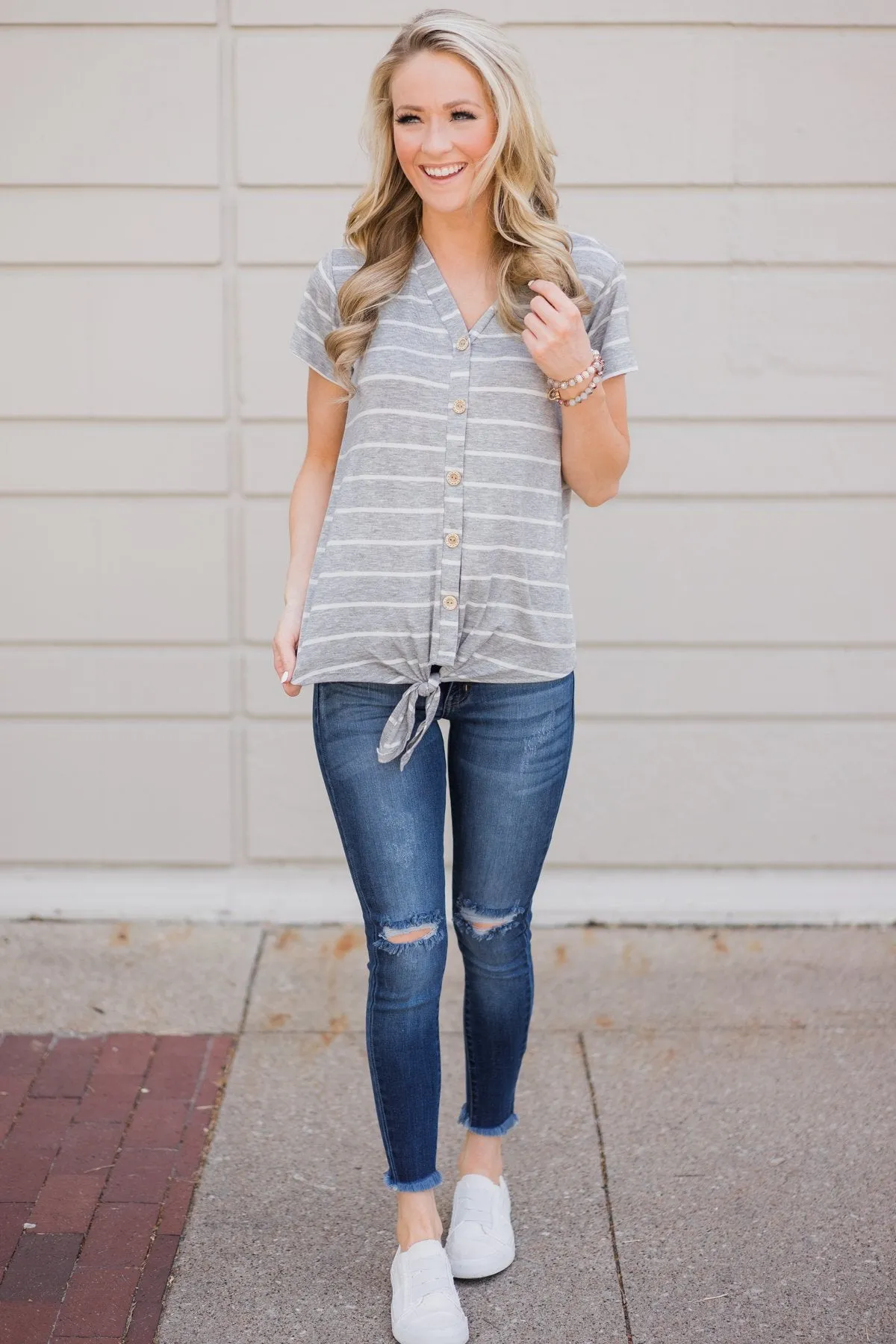 Stunning in Stripes Tie Top- Grey