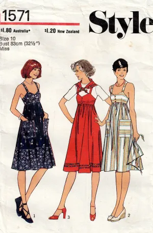 Style 1571 Womens High Waisted Sundress or Pinafore & Scarf 1970s Vintage Sewing Pattern Size 10 Bust 32.5 inches