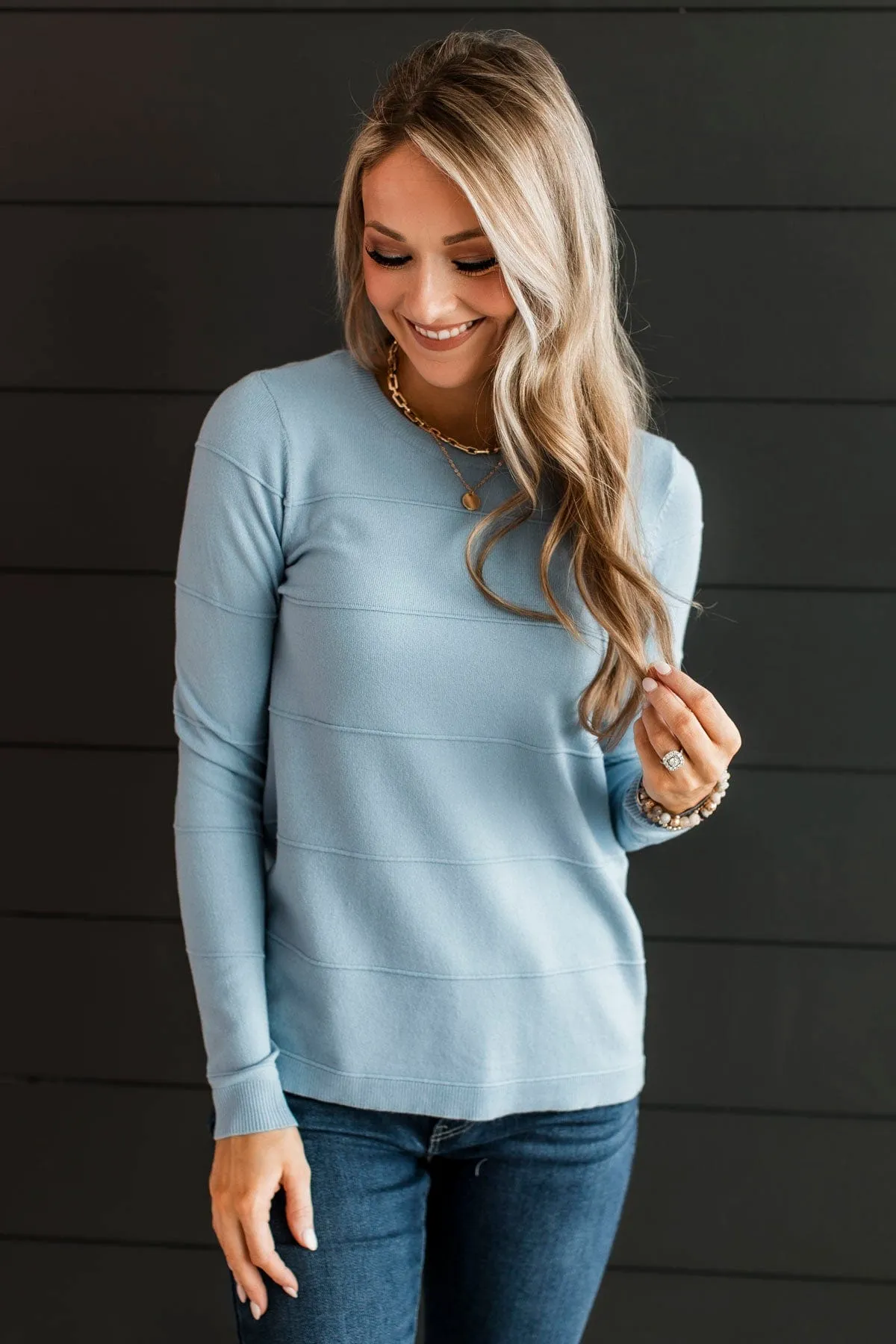 Sweet Kisses Striped Knit Sweater- Light Blue