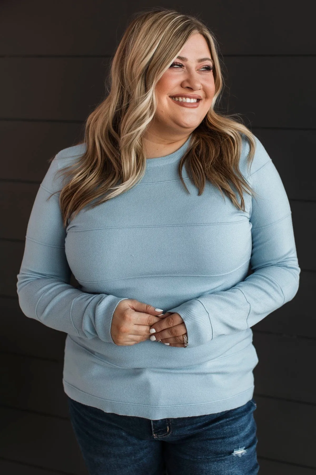Sweet Kisses Striped Knit Sweater- Light Blue