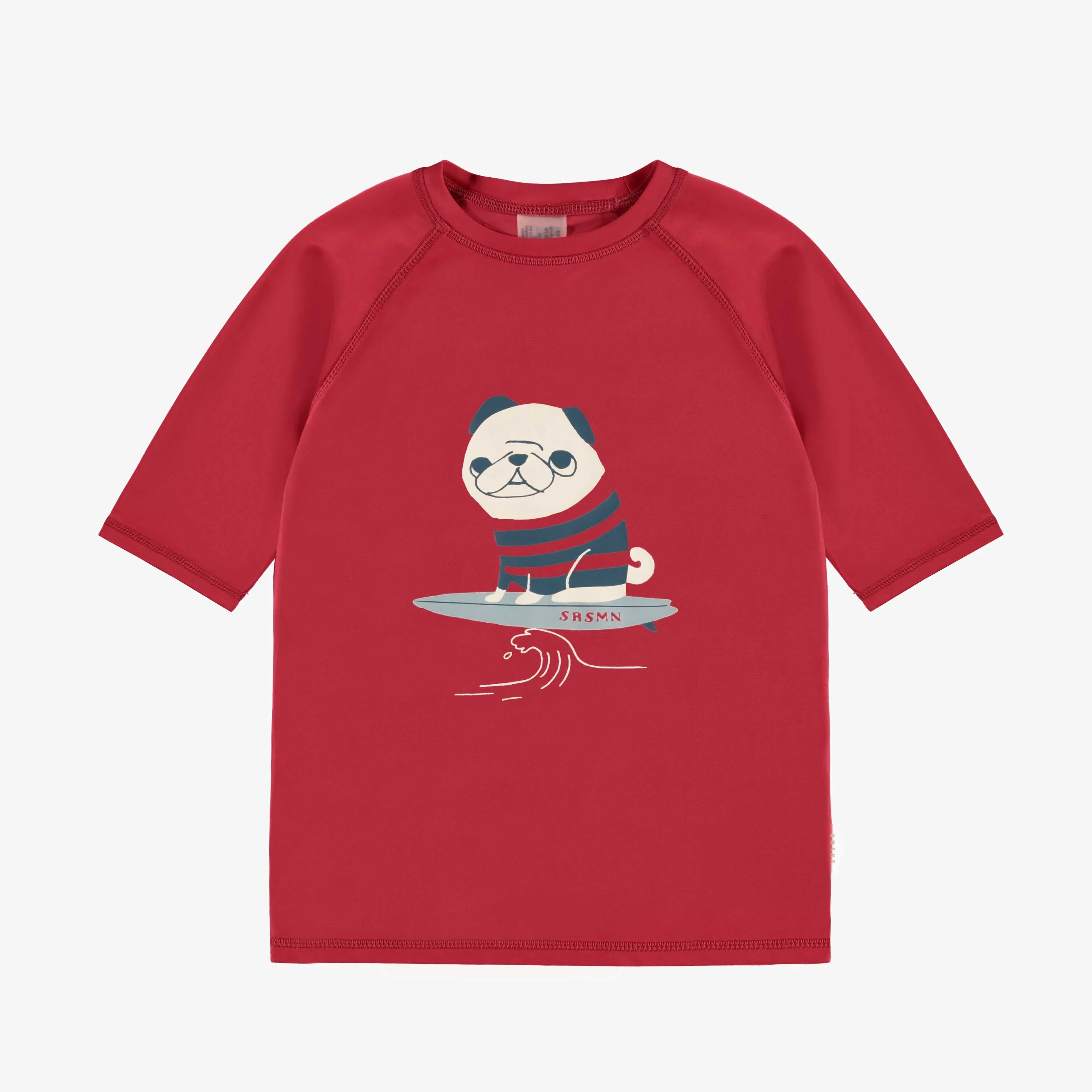 T-shirt de bain à manches courtes rouge avec illustration de chien surfer, enfant || Red short sleeves swimming t-shirt with surf dog illustration, child