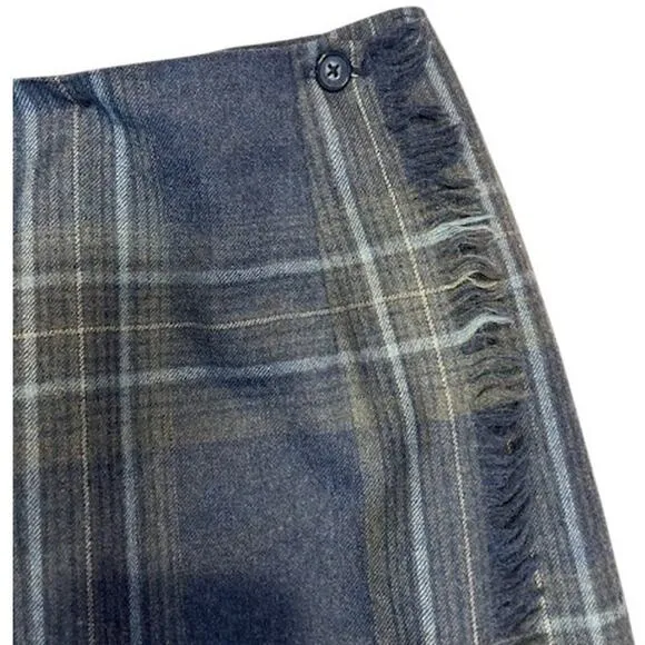 TALBOTS Blue Vintage Fringe Wrap Plaid Tartan Midi Skirt 100% Wool 6P 6 Petite