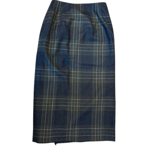 TALBOTS Blue Vintage Fringe Wrap Plaid Tartan Midi Skirt 100% Wool 6P 6 Petite