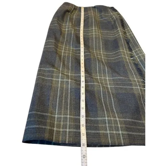 TALBOTS Blue Vintage Fringe Wrap Plaid Tartan Midi Skirt 100% Wool 6P 6 Petite