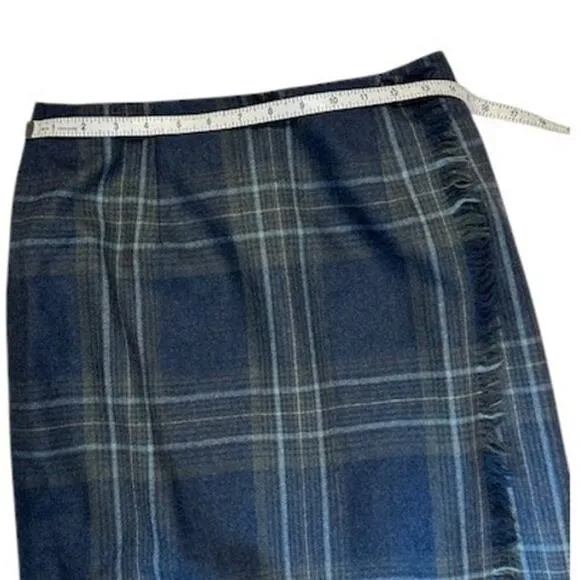 TALBOTS Blue Vintage Fringe Wrap Plaid Tartan Midi Skirt 100% Wool 6P 6 Petite