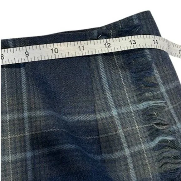 TALBOTS Blue Vintage Fringe Wrap Plaid Tartan Midi Skirt 100% Wool 6P 6 Petite