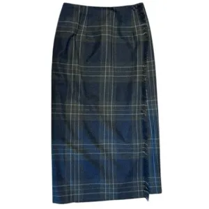 TALBOTS Blue Vintage Fringe Wrap Plaid Tartan Midi Skirt 100% Wool 6P 6 Petite