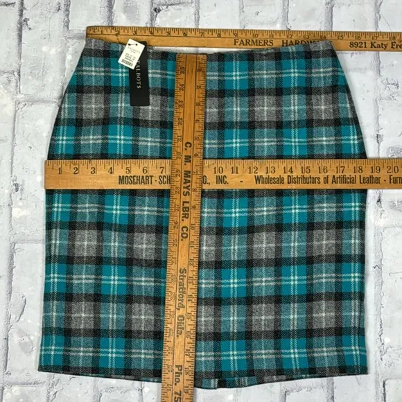 Talbots Plaid Pencil Skirt Wool Blend NWT Turquoise and Grey Fully Lined