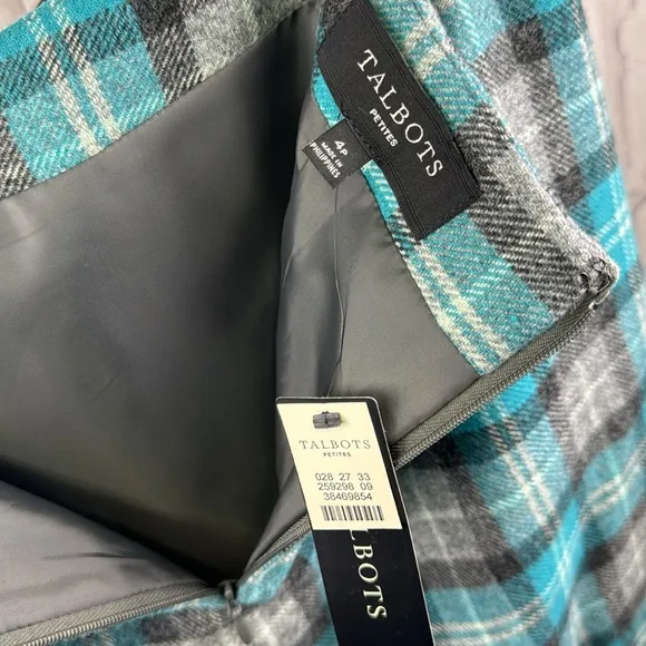 Talbots Plaid Pencil Skirt Wool Blend NWT Turquoise and Grey Fully Lined