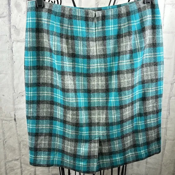 Talbots Plaid Pencil Skirt Wool Blend NWT Turquoise and Grey Fully Lined