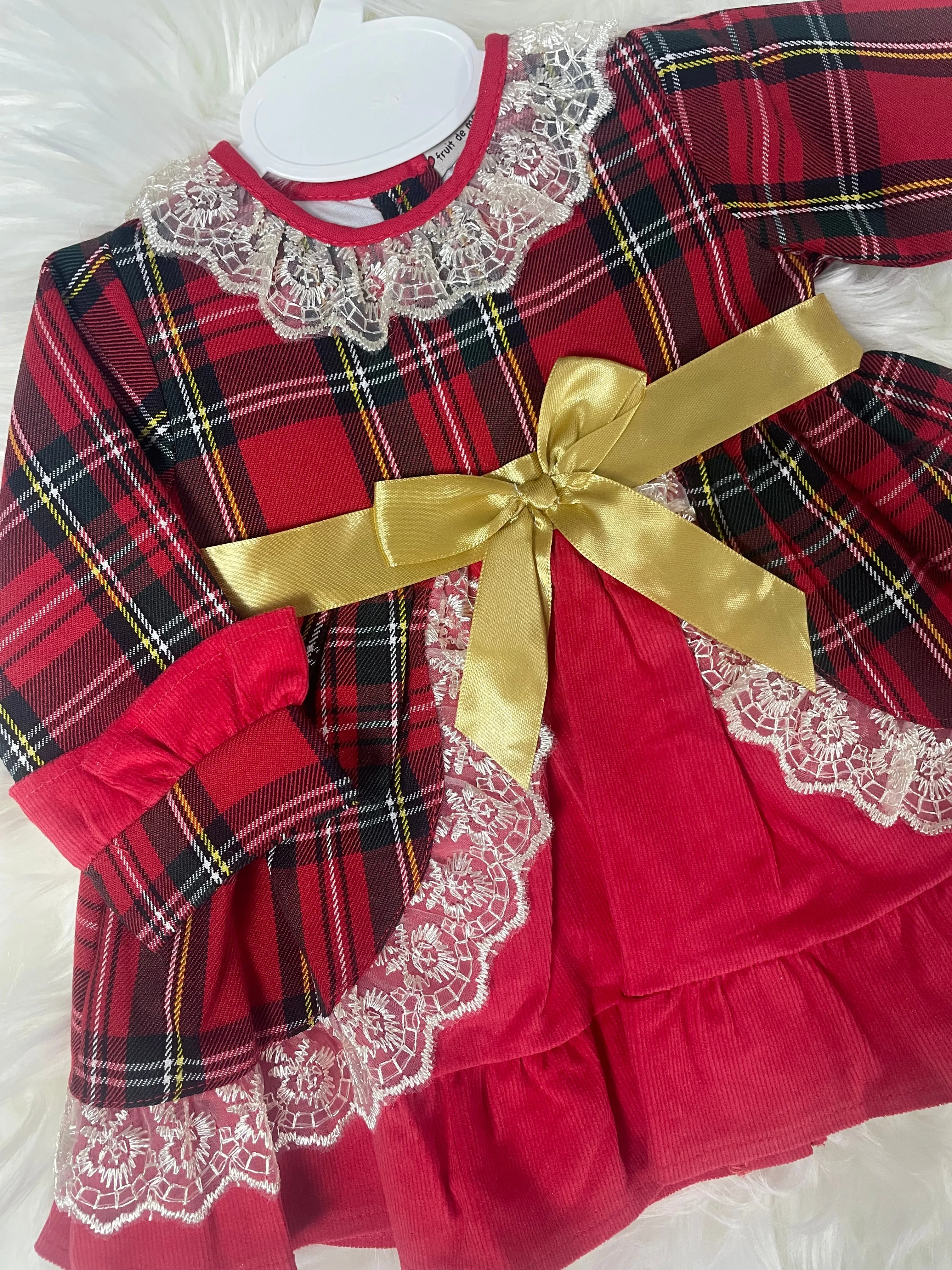 Tartan Gold Bow Dress - Red