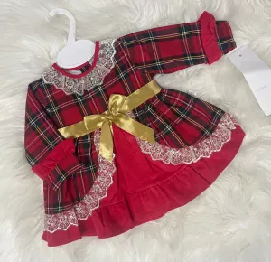Tartan Gold Bow Dress - Red