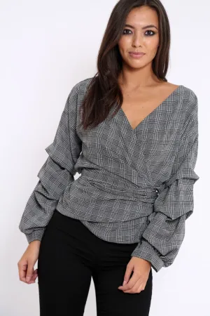 Tartan Ruffle Sleeve Wrapover Top - Susie
