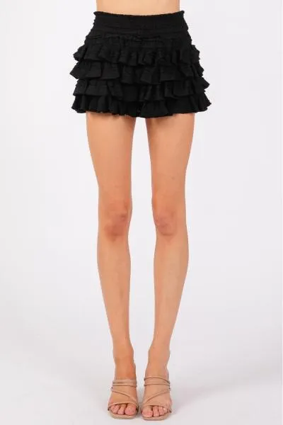 Textured Knit Ruffle Tiered Skort - Black -