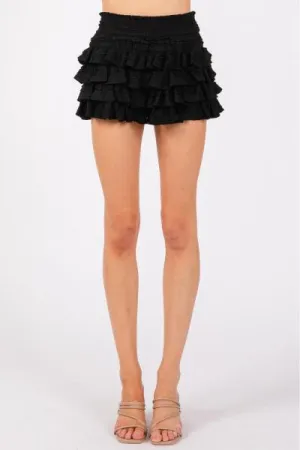 Textured Knit Ruffle Tiered Skort - Black -