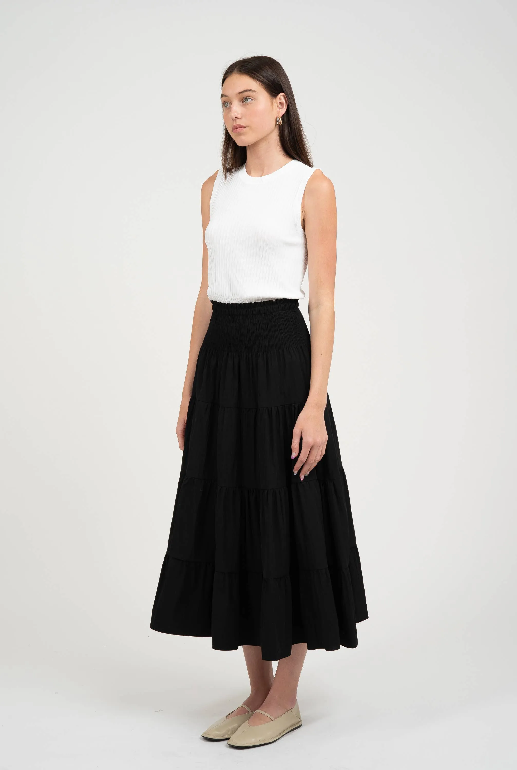 TEXTURED TIERED MIDI FLARED SKIRT