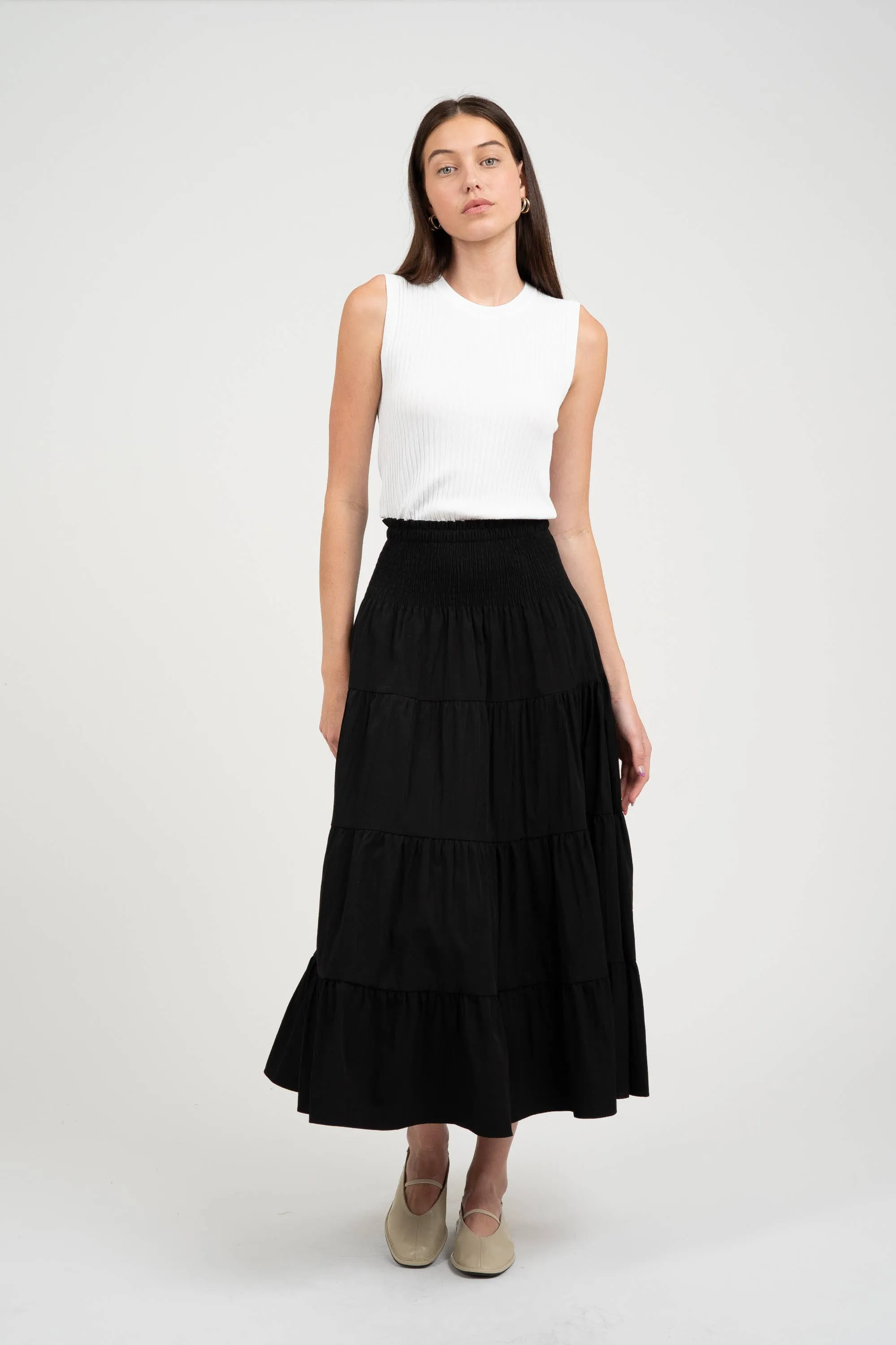 TEXTURED TIERED MIDI FLARED SKIRT