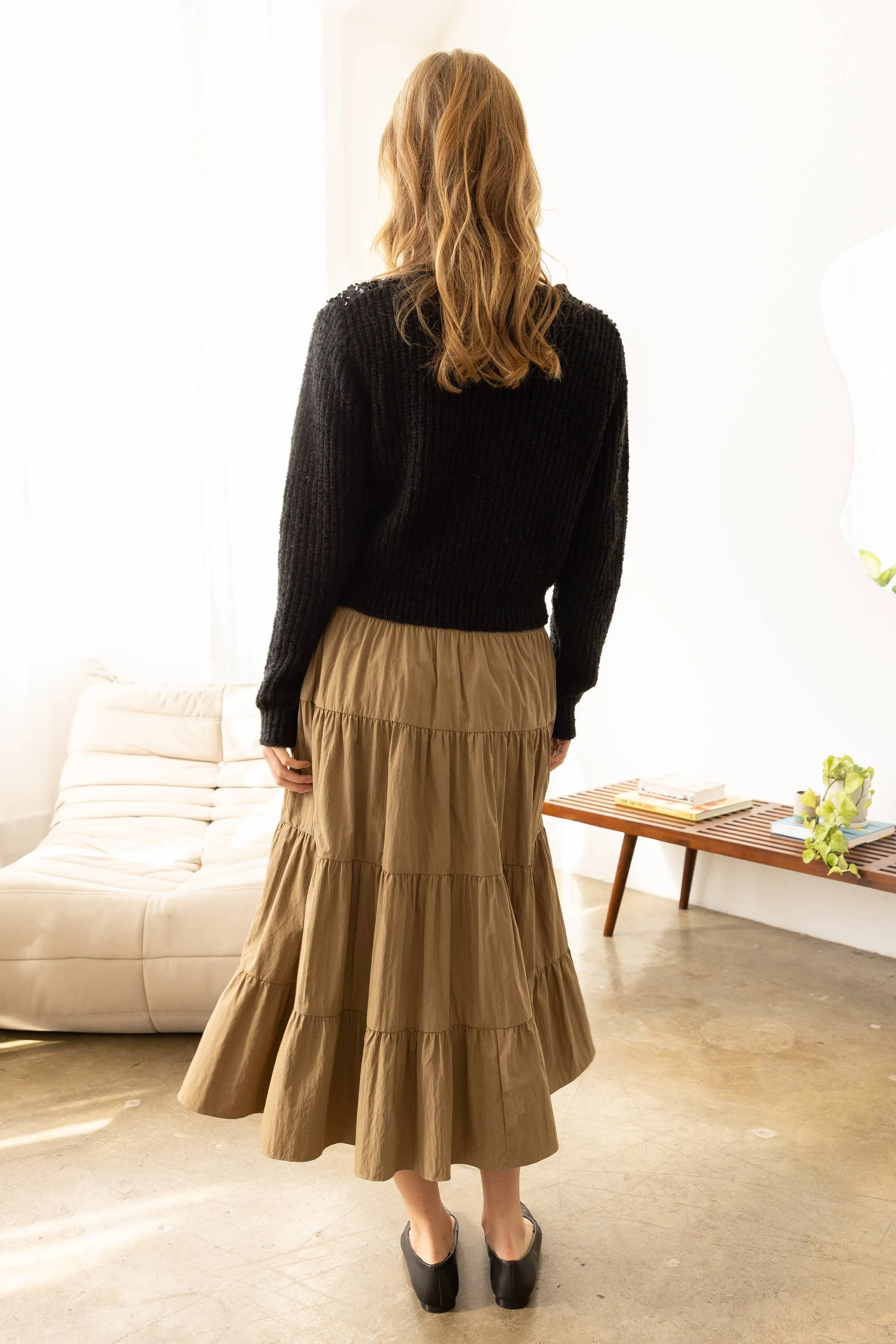 TEXTURED TIERED MIDI FLARED SKIRT