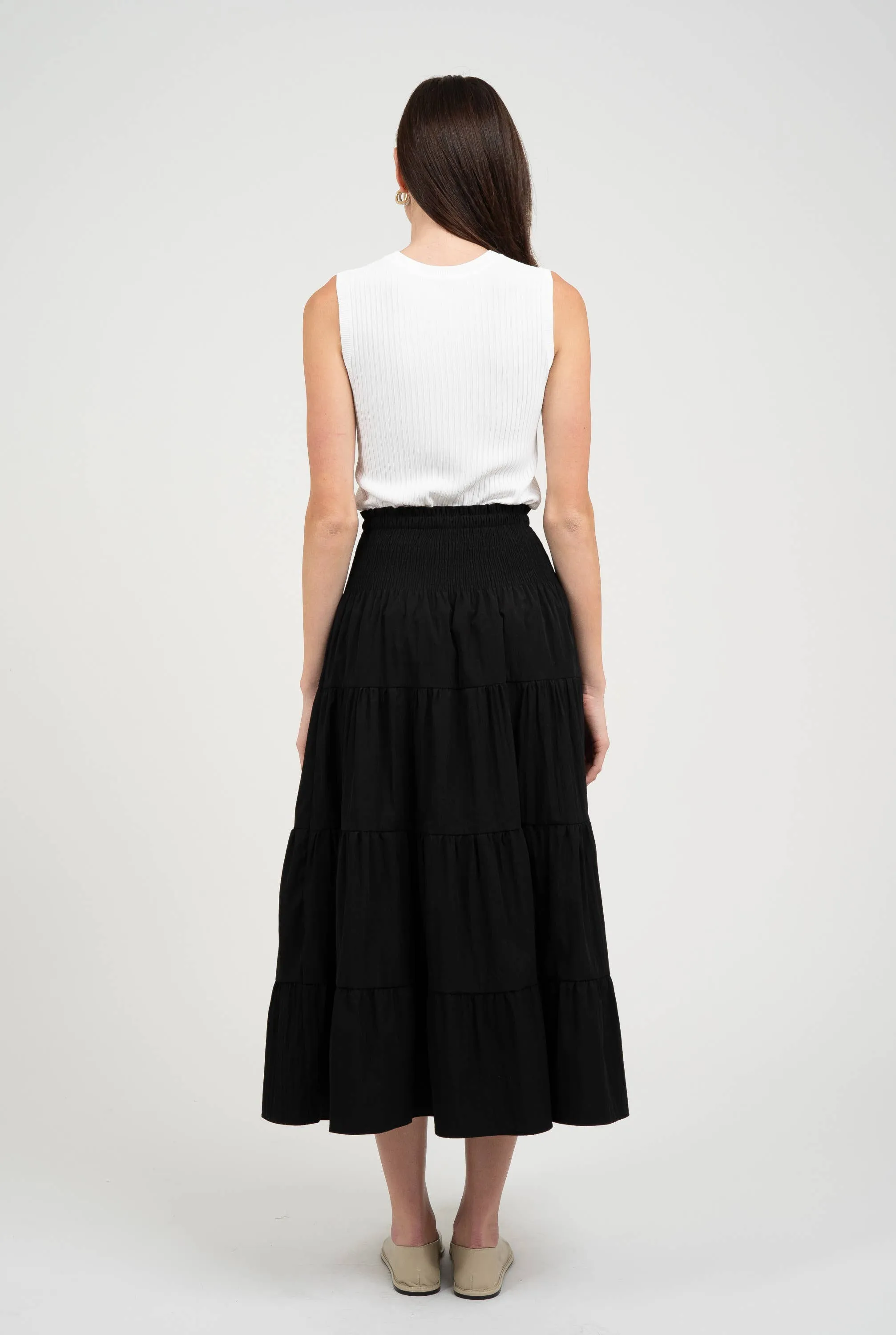 TEXTURED TIERED MIDI FLARED SKIRT