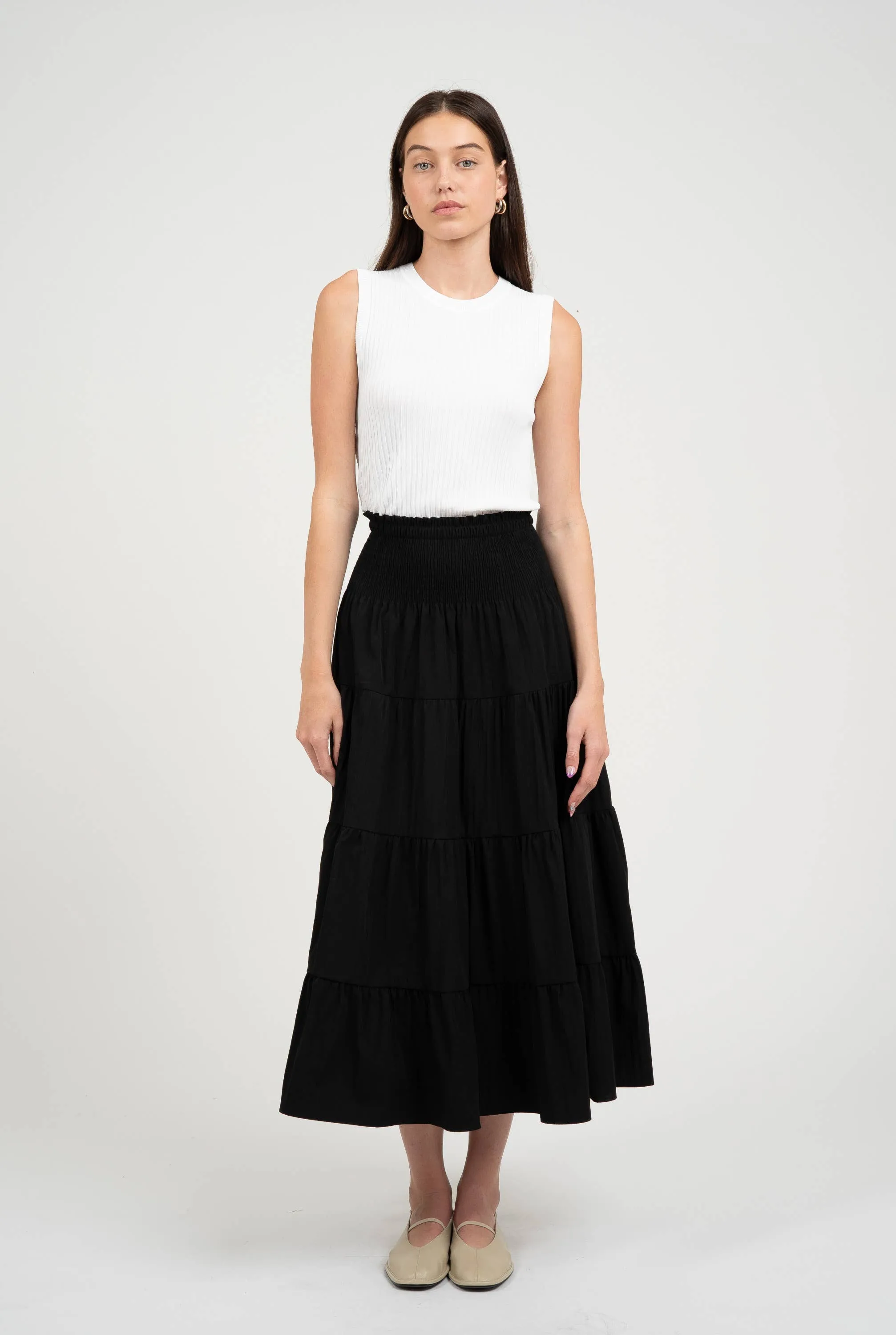 TEXTURED TIERED MIDI FLARED SKIRT