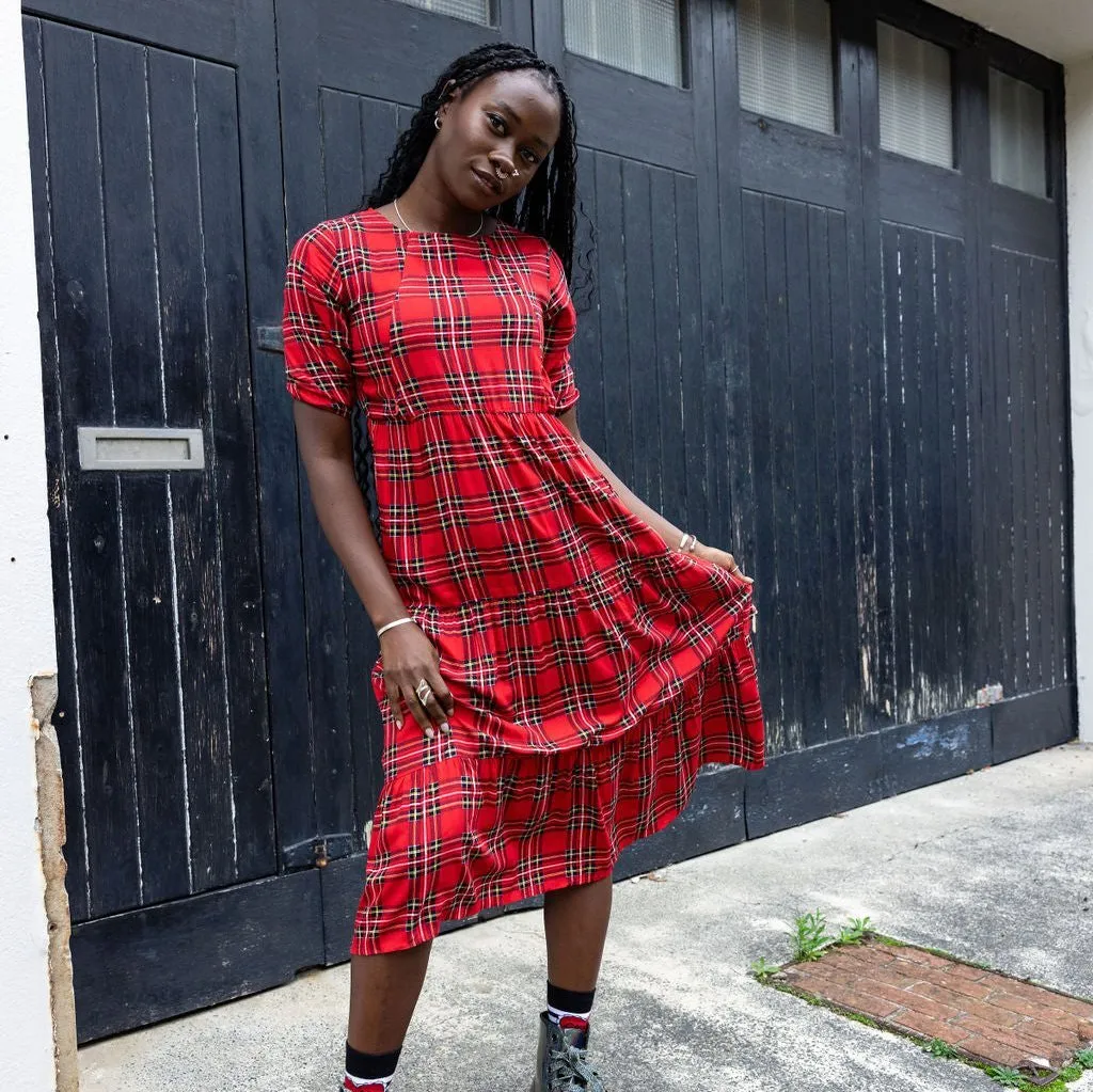 The Midi Breastfeeding Dress - Red Tartan