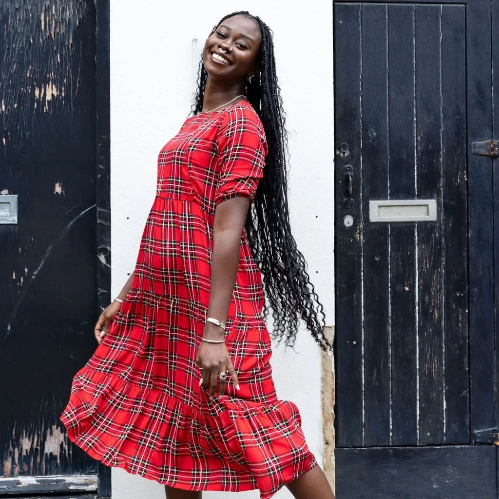 The Midi Breastfeeding Dress - Red Tartan