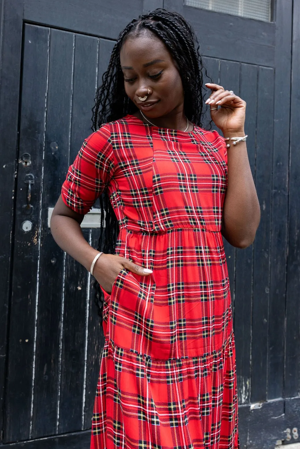 The Midi Breastfeeding Dress - Red Tartan