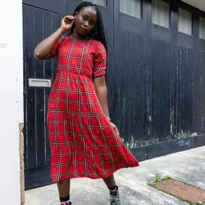 The Midi Breastfeeding Dress - Red Tartan