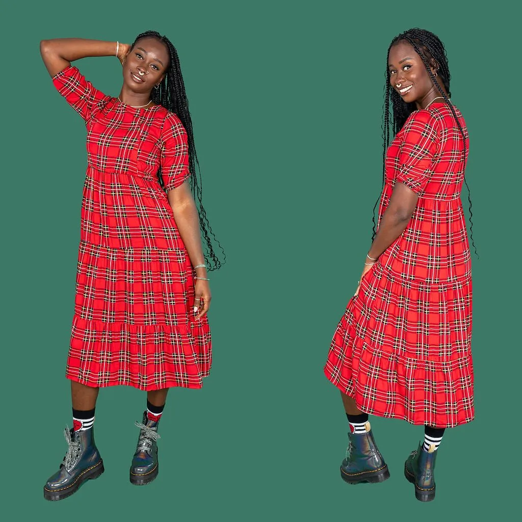 The Midi Breastfeeding Dress - Red Tartan