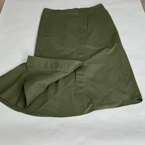 Theory Reconstructed Midi Denim Skirt Ruffle Trim High Waisted Cotton Green Sz 8