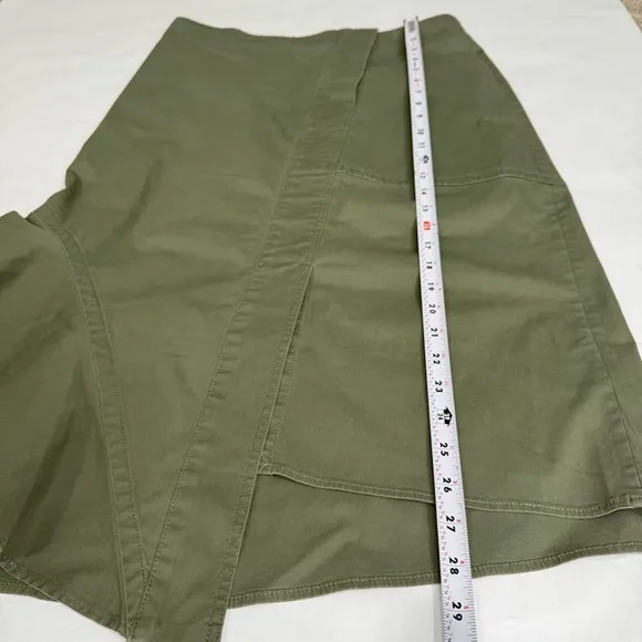 Theory Reconstructed Midi Denim Skirt Ruffle Trim High Waisted Cotton Green Sz 8